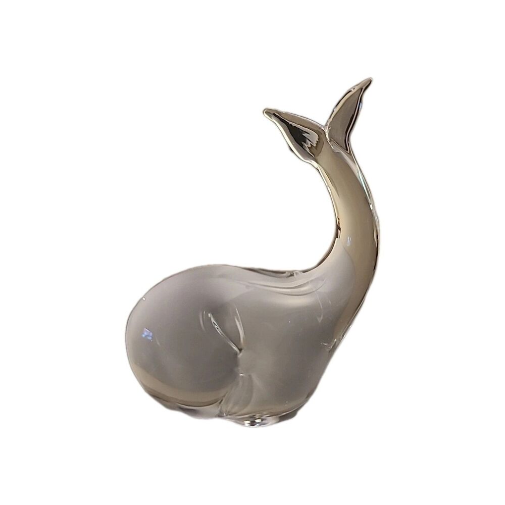 Vintage Heavy Hand Blown Clear Glass Whale Figurine 5" Long  Zen Signed Bottom